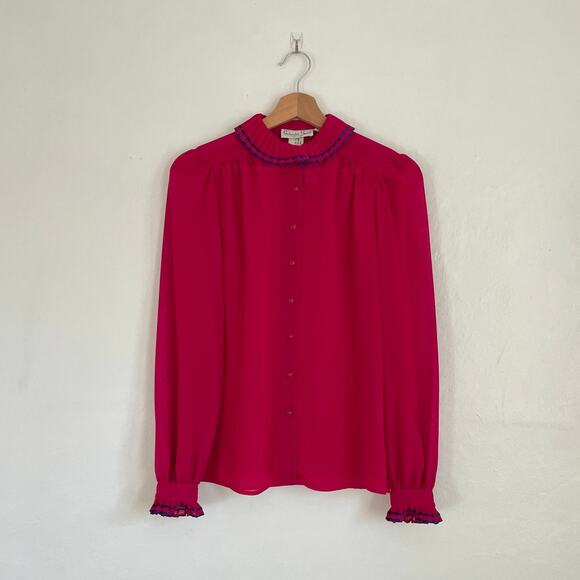 Vintage – Schrader Sport Sheer Pink Ruffle Neck Blouse - Picture 1 of 6